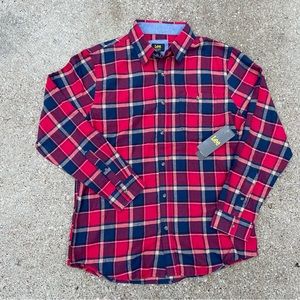 Lee Button Up Flannel Shirt Mens Large Regular Fit Red Plaid Long Sleeve NWT